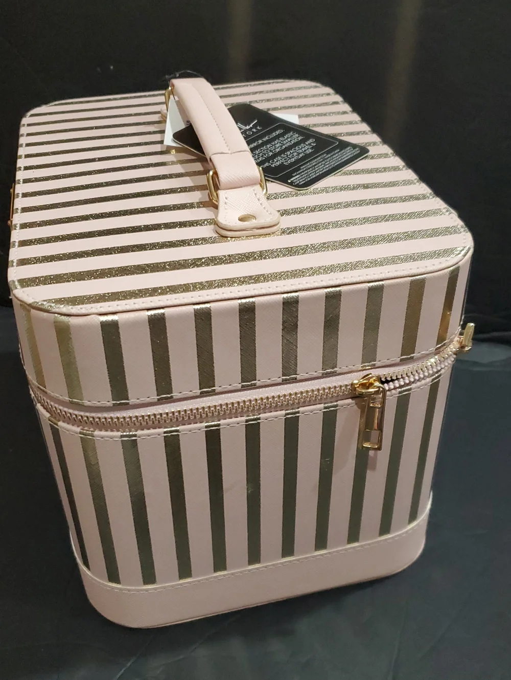 Nicole Miller pink and gold striped large cosmetics beauty hard train case new